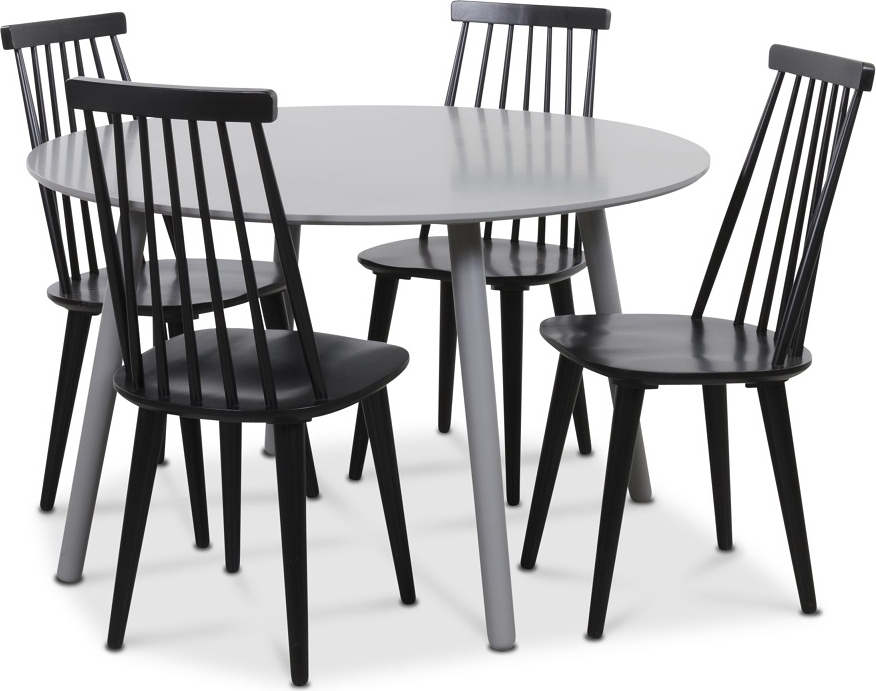 Rosvik matgrupp gr�tt runt bord med 4 st svarta Dalsland Pinnstolar - Gr� / Svarta + 4.00 x