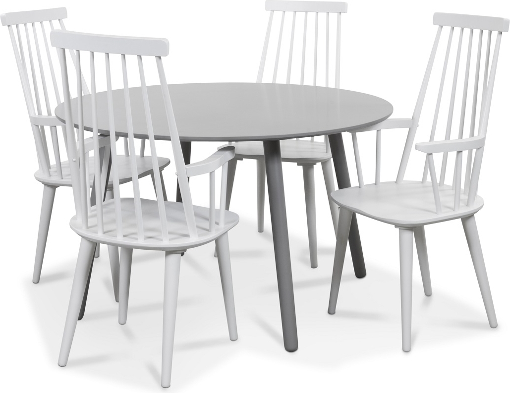Rosvik matgrupp gr�tt runt bord med 4 st vita Dalsland pinnstolar