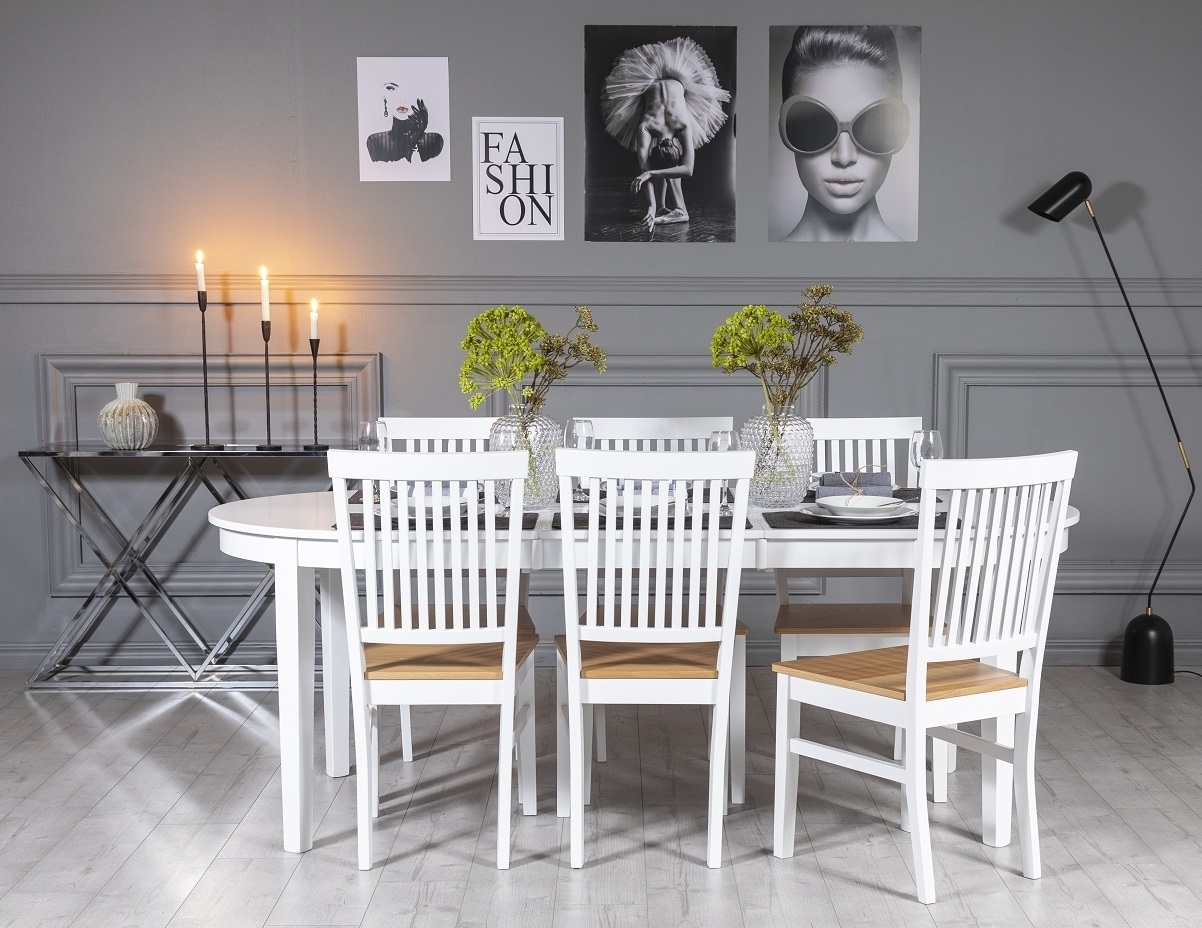 G�s� matgrupp: Bord 160/210 cm inklusive 6 F�r� stolar - Vit/Ek