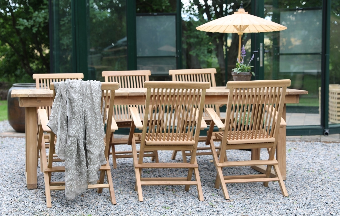 Salt� utematgrupp matbord 240x100 cm med 6 st karmstolar - Teak + Textilv�rd f�r m�bler