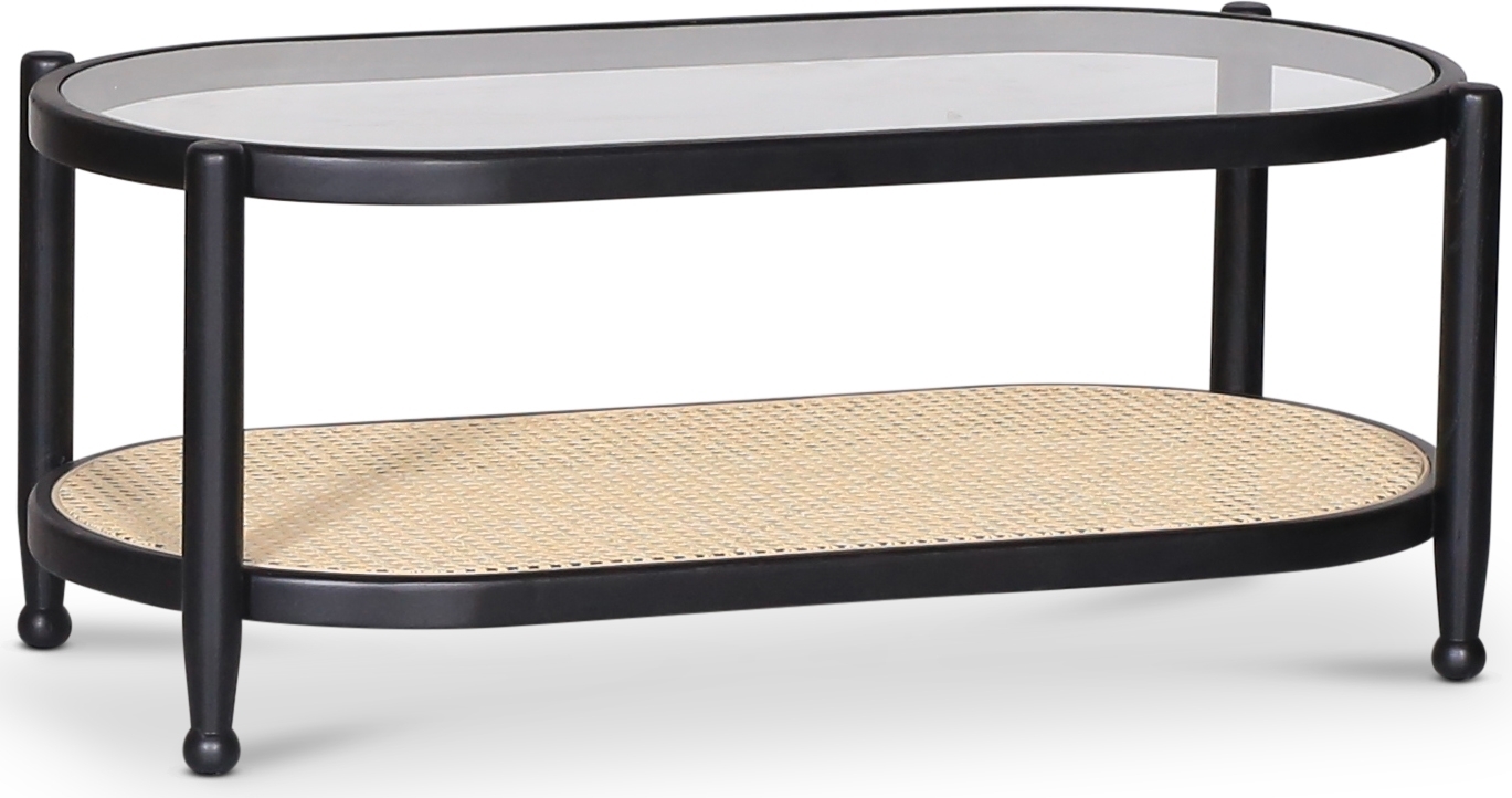 Nemo ovalt soffbord i rotting med glasskiva 100 x 48,5 cm + M�beltassar