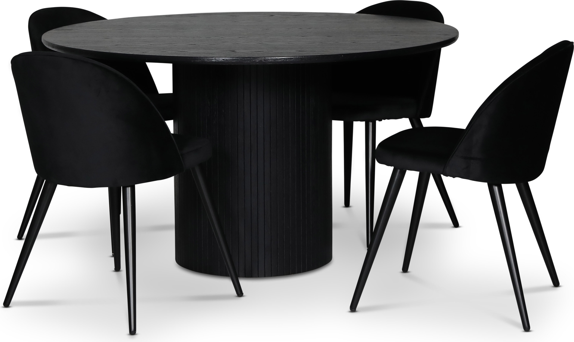 Nova matgrupp; runt matbord �130 cm, svartbetsad ek + 4 st Alice matstolar, Svart sammet