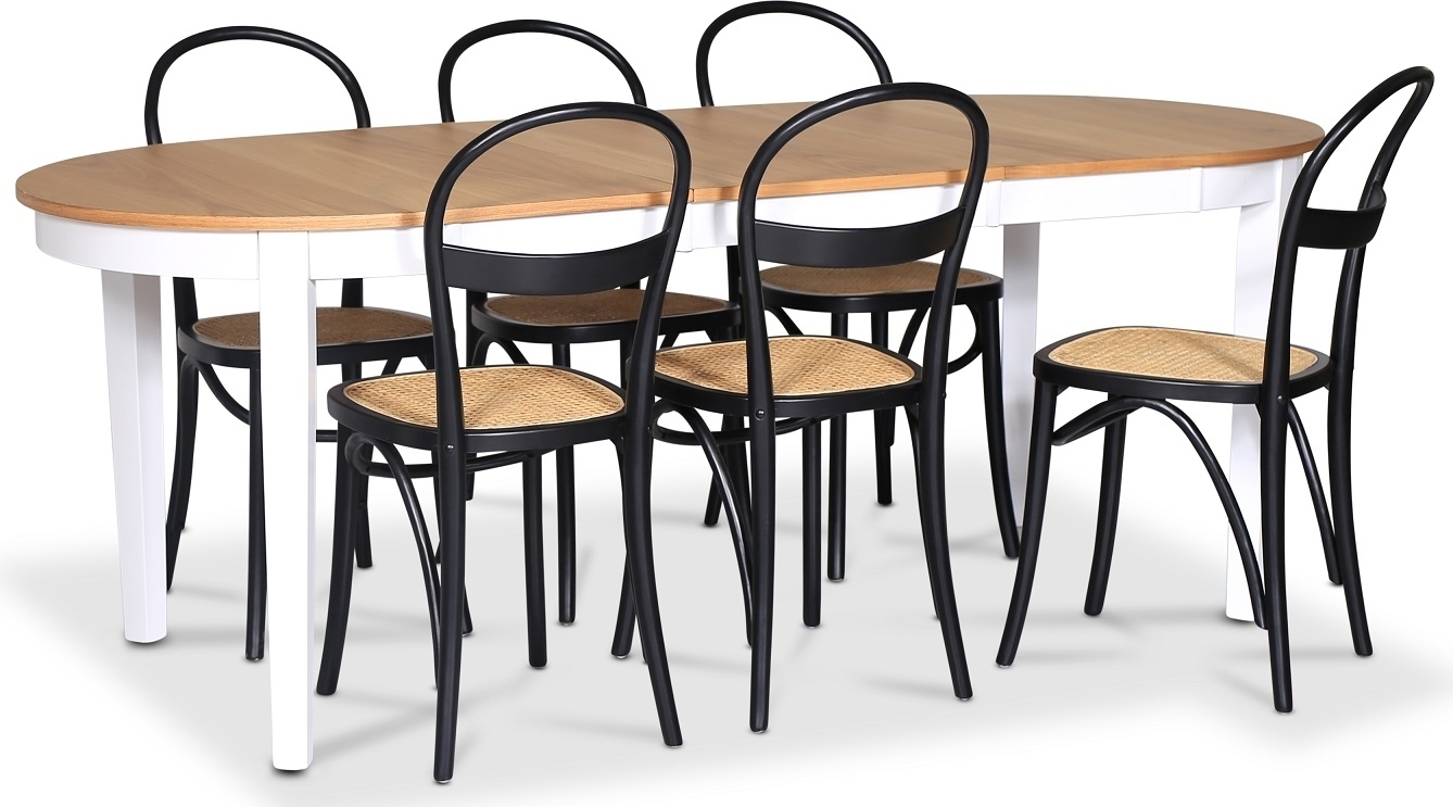 Matgrupp; Bord 160-210 cm - Vit / Oljad Ek med 6 st stolar - Fårö Matgrupp; Bord 160-210 cm - Vit / Oljad Ek med 6 st stolar - Fårö