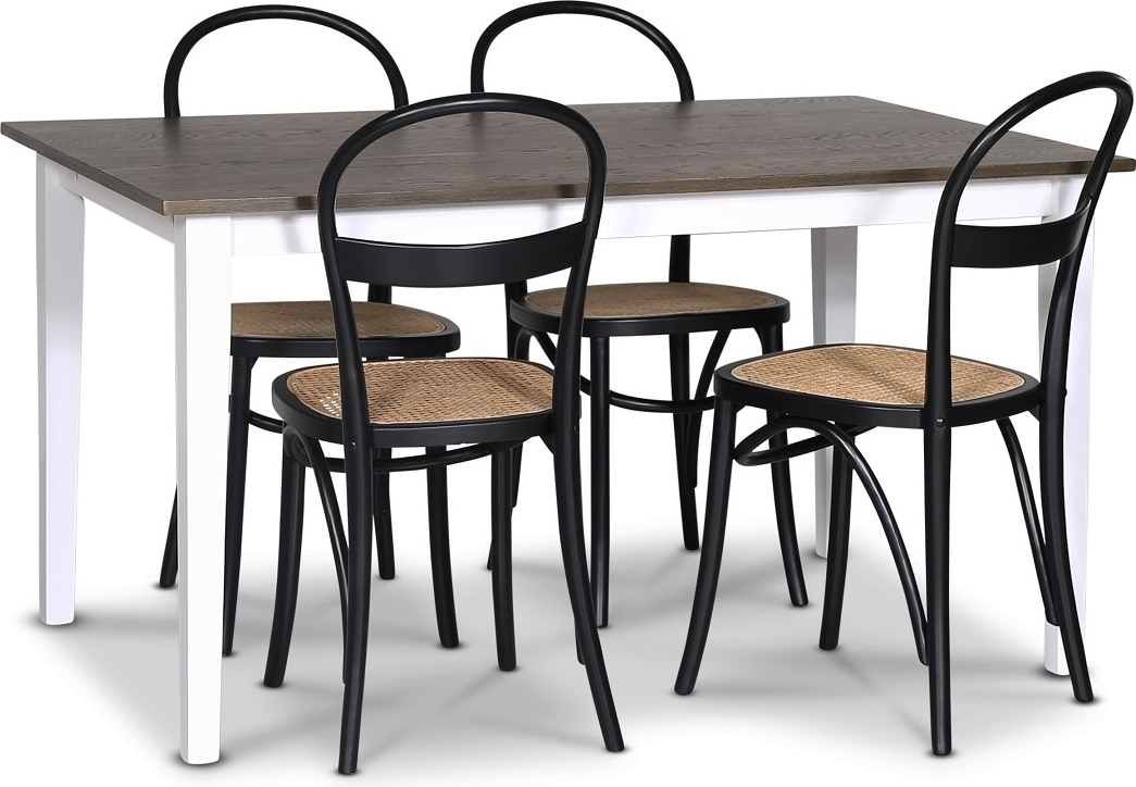 Skagen matgrupp; matbord 140 cm - Vit / brunbetsad ek med 4 st Danderyd No.16 matstolar Svart + 4.00 x Stolsdyna