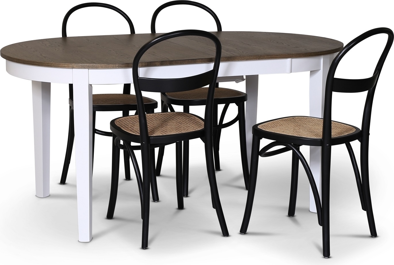 Skagen matgrupp; matbord 160/210x90 cm - Vit / brunoljad ek med 4 st Danderyd No.16 stolar Svarta Skagen matgrupp; matbord 160/210x90 cm - Vit / brunoljad ek med 4 st Danderyd No.16 stolar Svarta