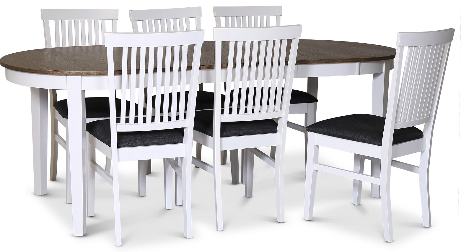 Skagen matgrupp; matbord 160/210x90 cm - Vit / brunoljad ek med 6 st F�r� stolar med gr� tygsits + 4.00 x M�beltassar