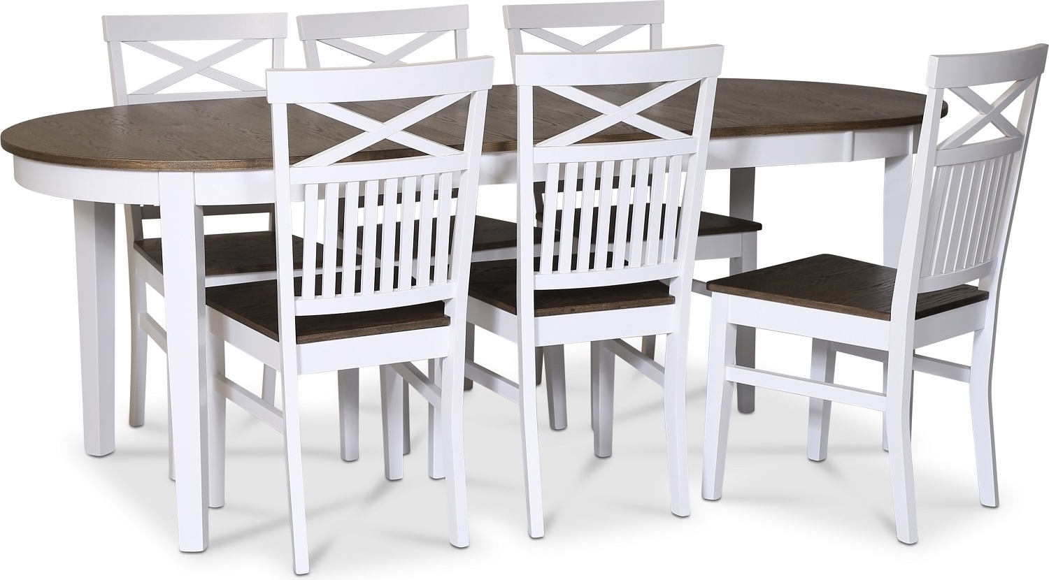 Skagen matgrupp; matbord 160/210x90 cm - Vit / brunoljad ek med 6 st Skagen stolar med kryss i ryggen och brun sits Skagen matgrupp; matbord 160/210x90 cm - Vit / brunoljad ek med 6 st Skagen stolar med kryss i ryggen och brun sits