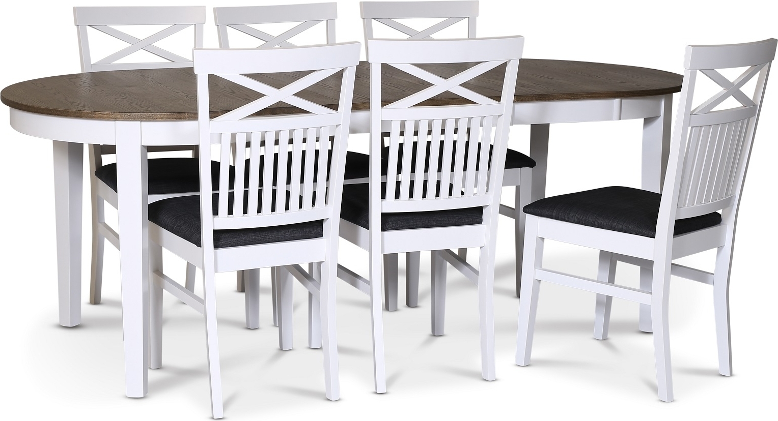 Skagen matgrupp; matbord 160/210x90 cm - Vit / brunoljad ek med 6 st Skagen stolar med kryss i ryggen och grå tygsits + 4.00 x Skagen matgrupp; matbord 160/210x90 cm - Vit / brunoljad ek med 6 st Skagen stolar med kryss i ryggen och grå tygsits + 4.00 x