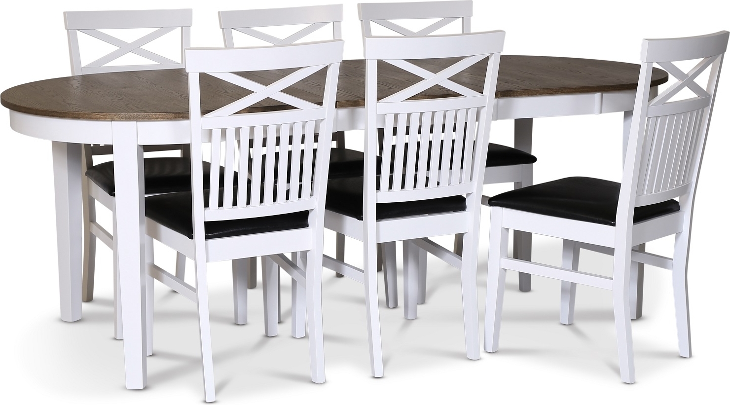 Skagen matgrupp; matbord 160/210x90 cm - Vit / brunoljad ek med 6 st F�r� stolar med kryss i ryggen och svart PU-sits + 6.00 x Stolsdyna