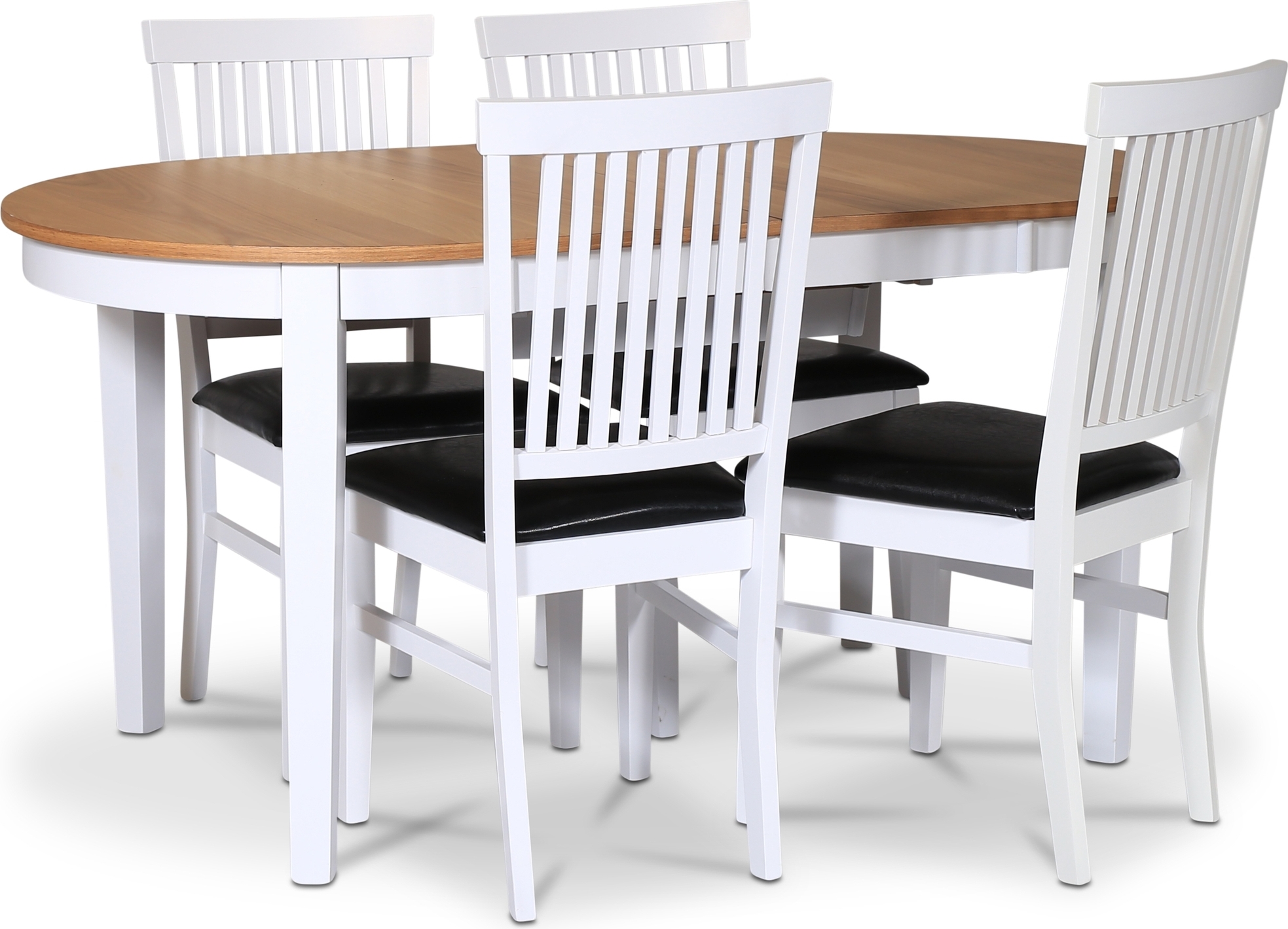 F�r� matgrupp; matbord 160/210x90 cm - Vit / oljad ek med 4 st F�r� stolar med svart PU-sits + 3.00 x M�beltassar