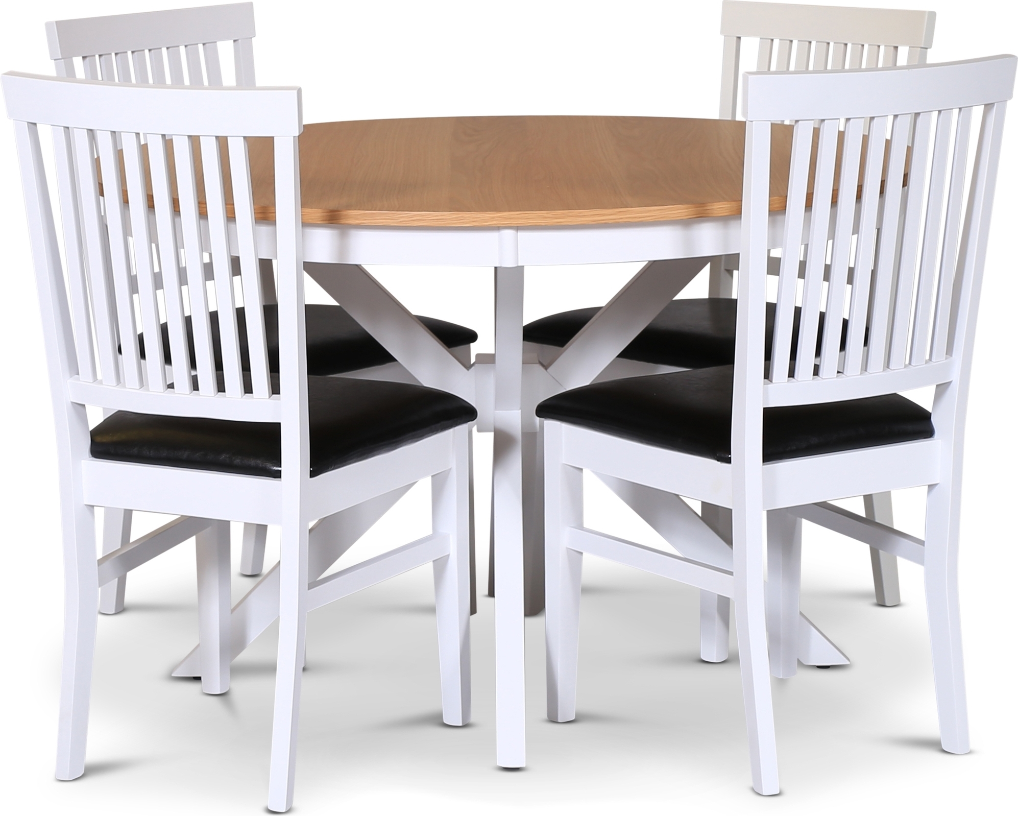 Troms� matgrupp; runt matbord 120 cm - Vit / oljad ek med 4 st F�r� stolar med sits i svart PU + 4.00 x Stolsdyna