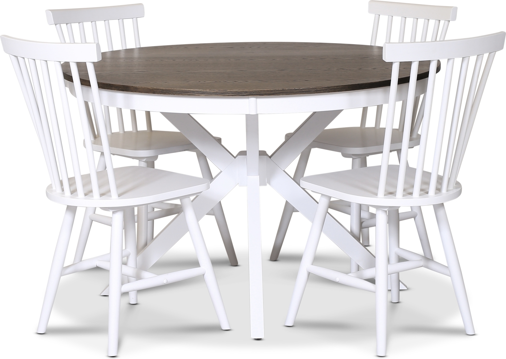 Skagen matgrupp; runt matbord �120 cm - Vit / brunoljad ek med 4 st vita Karl Pinnstolar