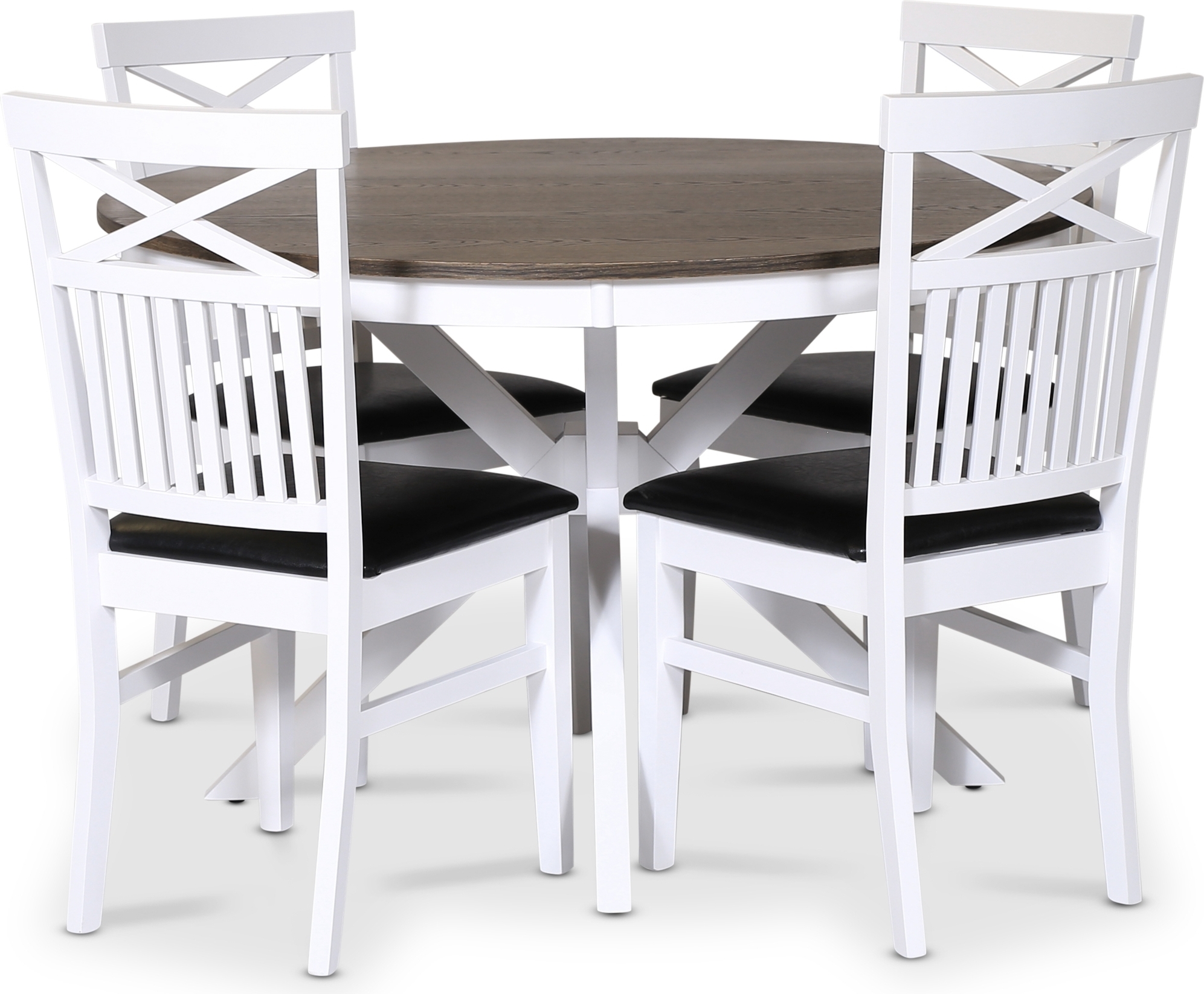 Skagen matgrupp; runt matbord Ø120 cm - Vit / brunoljad ek med 4 st Fårö stolar (Kryss i ryggen) med svart PU sits Skagen matgrupp; runt matbord Ø120 cm - Vit / brunoljad ek med 4 st Fårö stolar (Kryss i ryggen) med svart PU sits