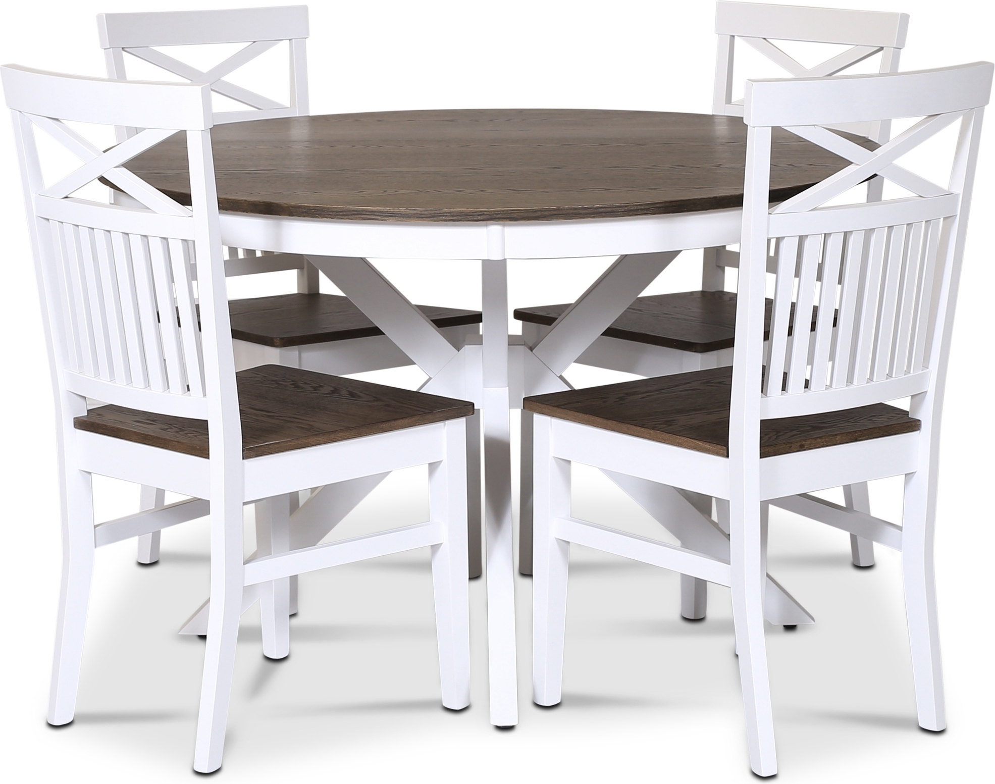 Skagen matgrupp; runt matbord �120 cm - Vit / brunoljad ek med 4 st Skagen stolar (Kryss i ryggen) med brunoljad eksits