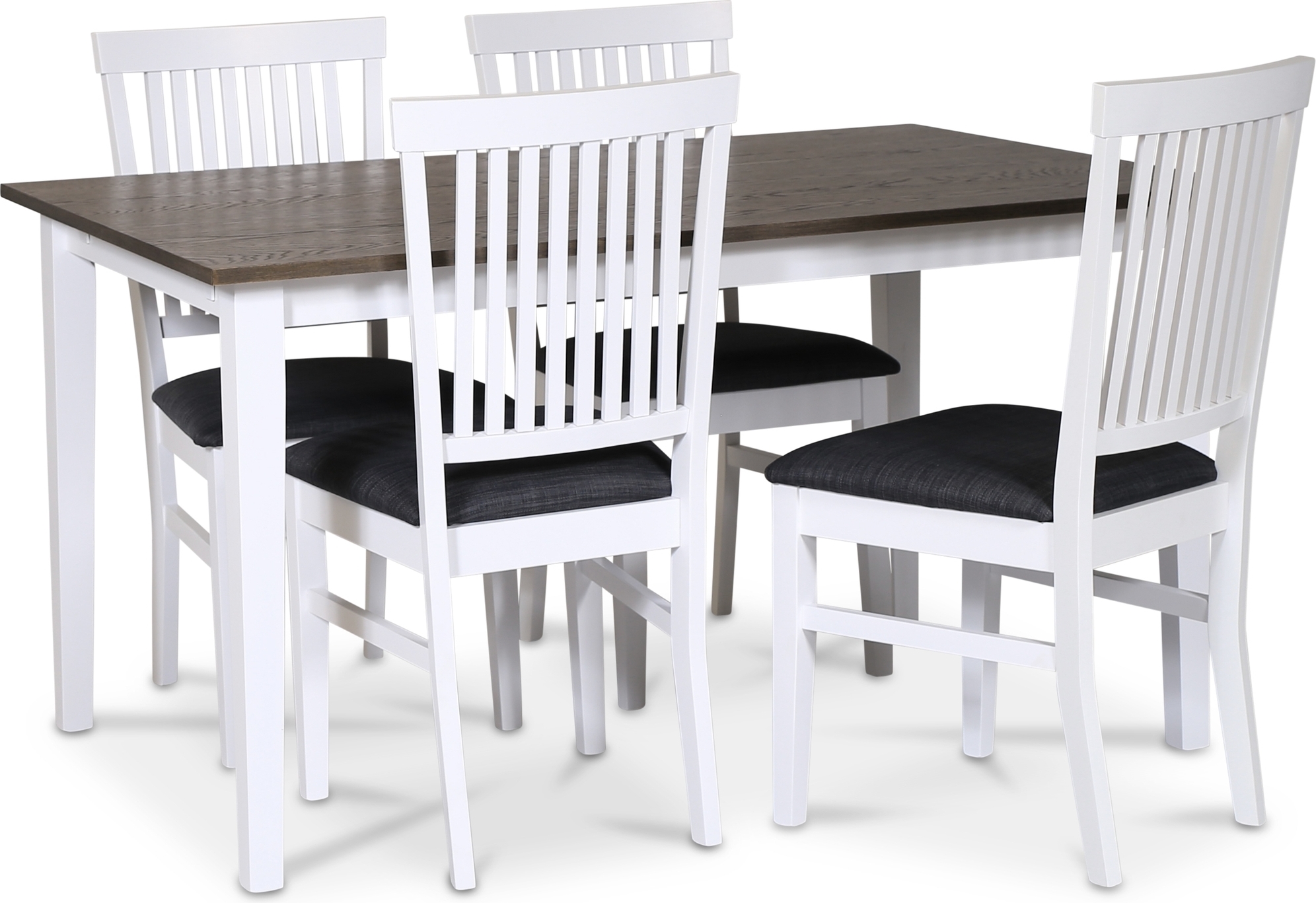 Skagen matgrupp; klassiskt matbord 140x90 cm - Vit / brunoljad ek med 4 st F�r� stolar (Ribbor i ryggen) med gr� tygsits