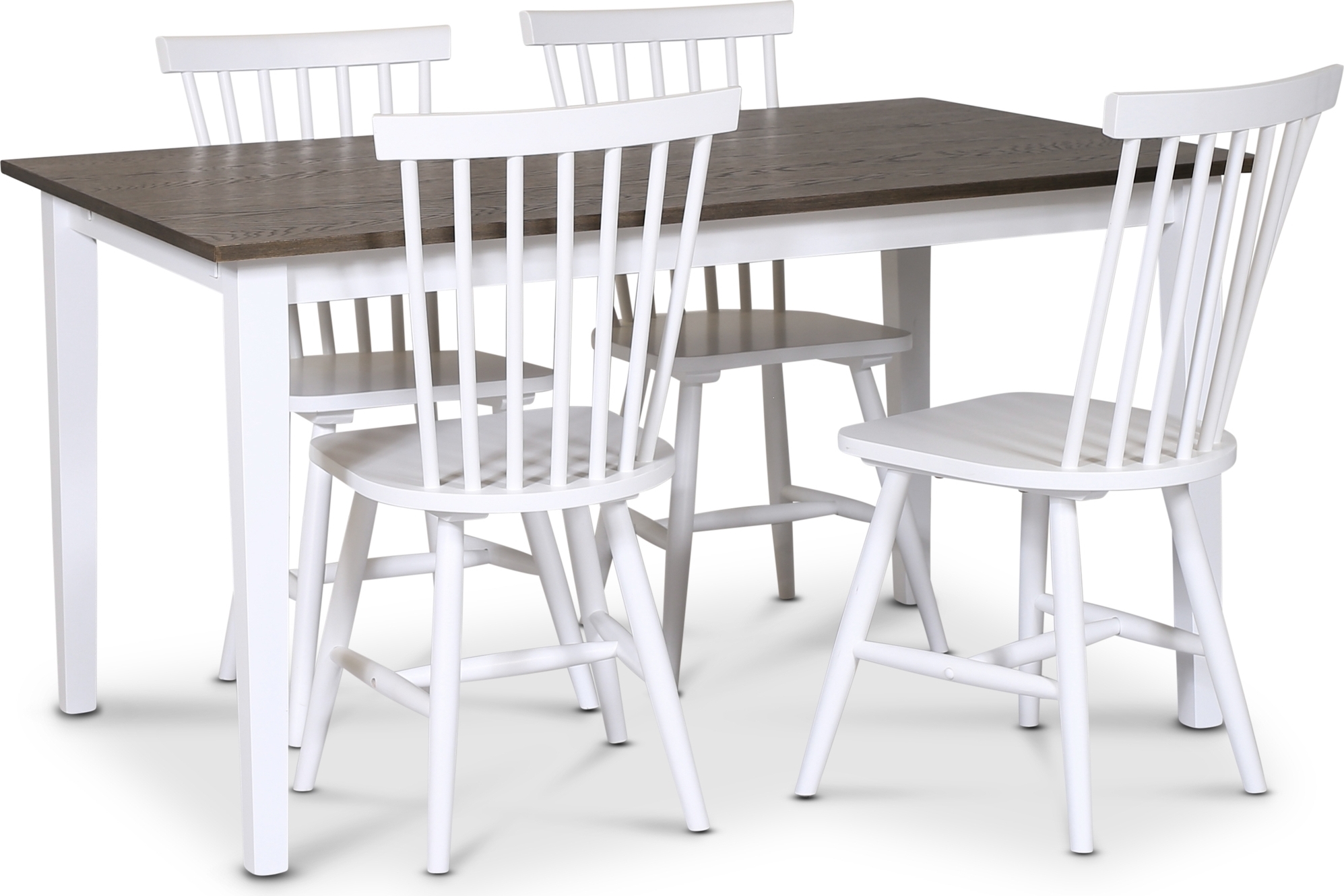 Skagen matgrupp; klassiskt matbord 140x90 cm - Vit / brunoljad ek med 4 st vita Karl pinnstolar Skagen matgrupp; klassiskt matbord 140x90 cm - Vit / brunoljad ek med 4 st vita Karl pinnstolar