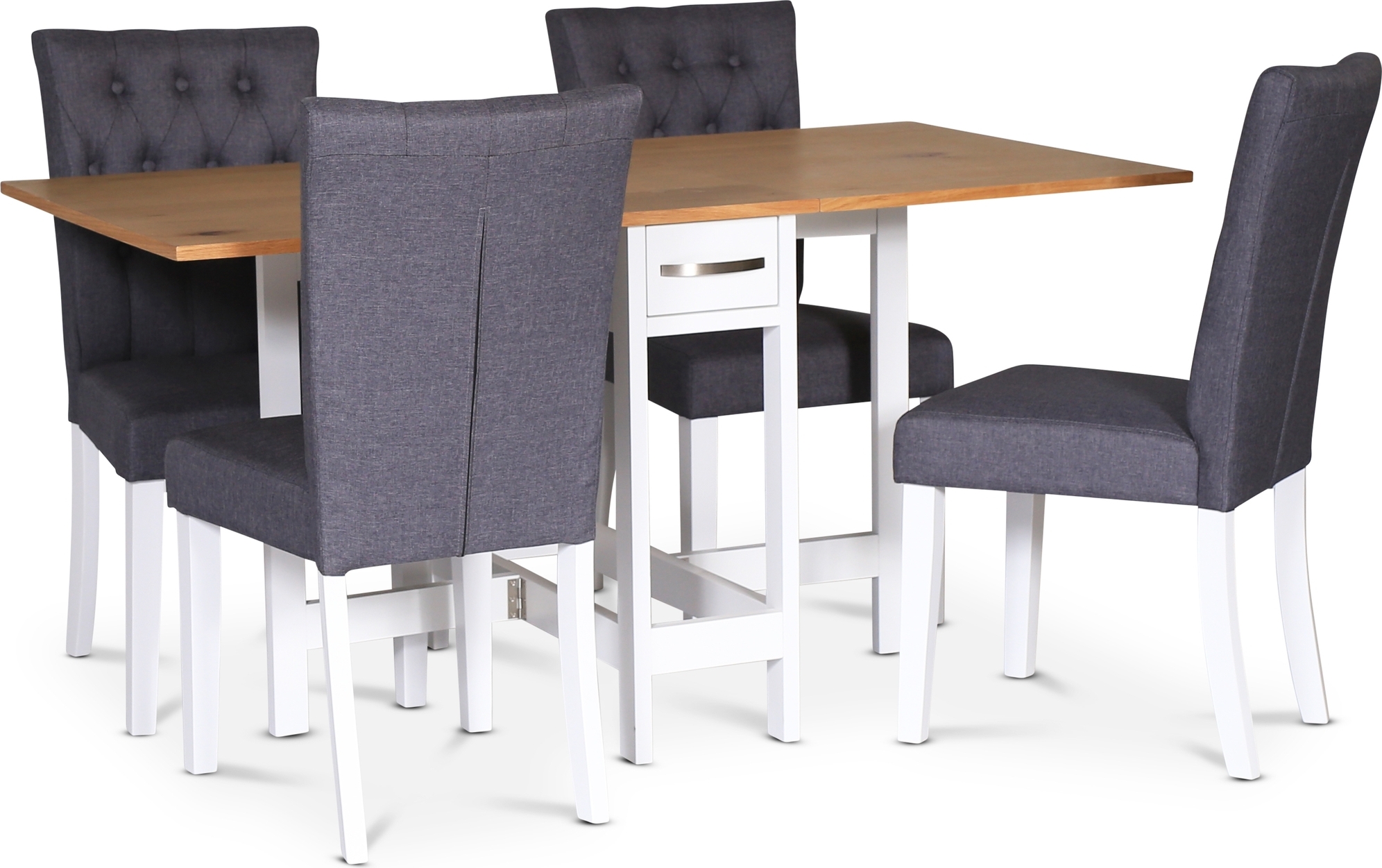 Matgrupp; Klaffbord ek / Vit med 4 stycken kl�dda stolar - F�r�