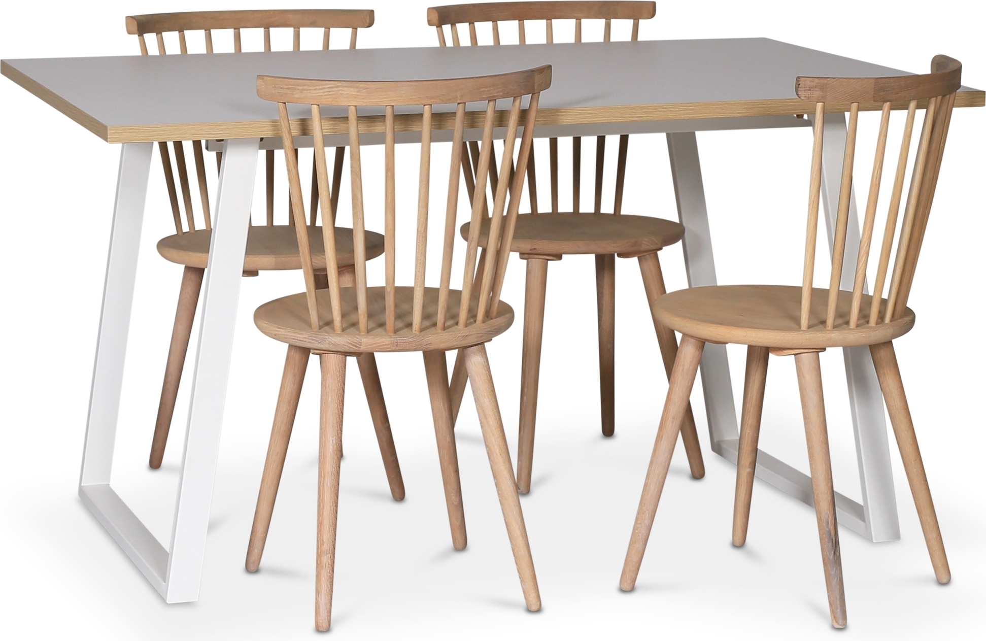 Edge matgrupp; Matbord i vit HPL 140x90 cm med 4 st Castor pinnstolar i whitewash