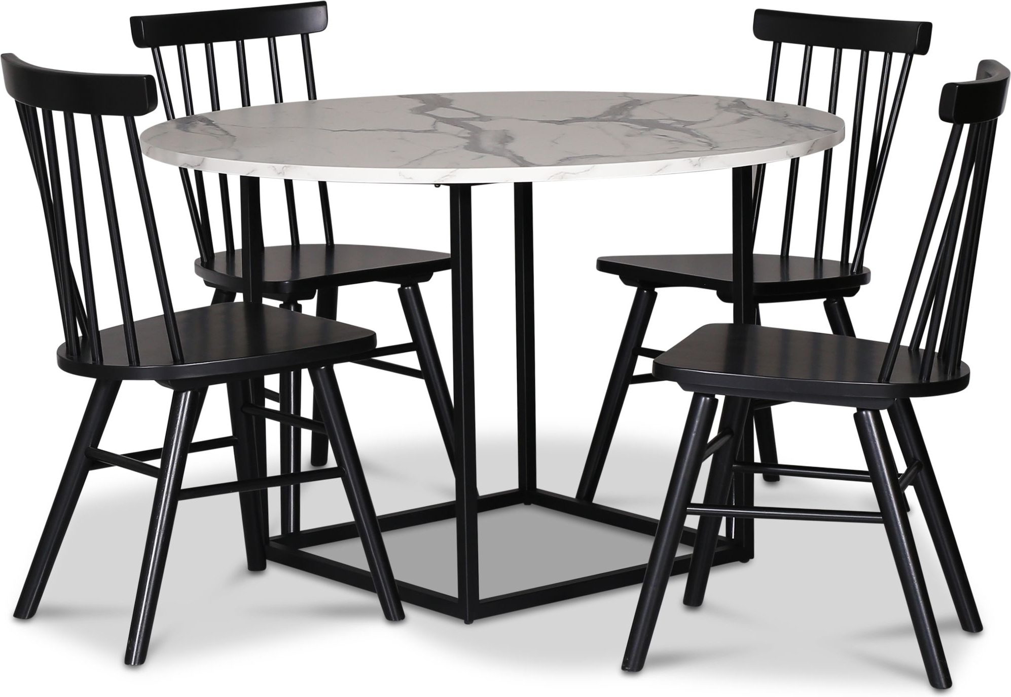 Sintorp matgrupp, runt matbord �115 cm inkl 4 st Orust svarta pinnstolar - Vit marmor (Laminat) + 3.00 x