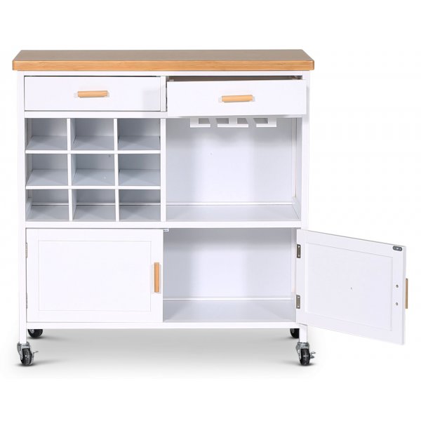 Levend wit keukeneiland met wijnrek en eiken blad + Meubelpoten Levend wit keukeneiland met wijnrek en eiken blad + Meubelpoten