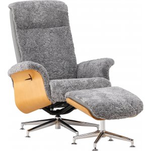 Fauteuil en laine avec repose-pieds en peau de mouton - Gris/Chne/Chrome + Pieds de meubles