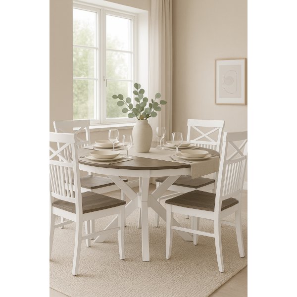 Skagen-voedselgroep; ronde eettafel 120 cm - Wit/bruingeolied eiken met 4 Skagen stoelen (Kruis achter) met bruingeoliede uitga