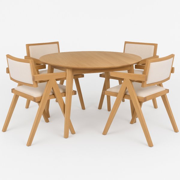 Matgrupp Genova Ø110–160 cm i oljad ek med 4 st Sara karmstolar i ek och linne Matgrupp Genova Ø110–160 cm i oljad ek med 4 st Sara karmstolar i ek och linne