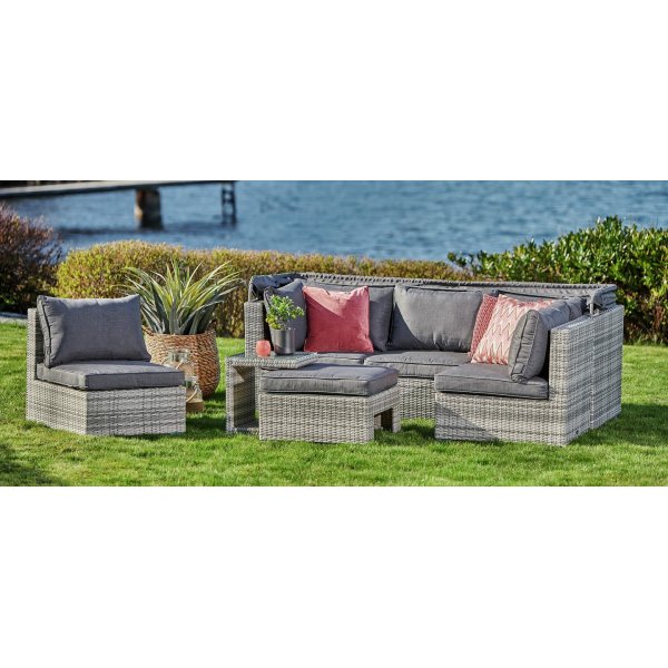 Slättvik byggbar loungegrupp med soltak - Grå konstrotting Slättvik byggbar loungegrupp med soltak - Grå konstrotting