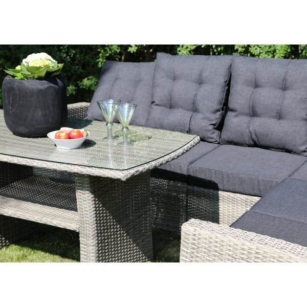 Orlando hörnsoffa med hög rygg (ställbar) + bord - Grå konstrotting Orlando hörnsoffa med hög rygg (ställbar) + bord - Grå konstrotting