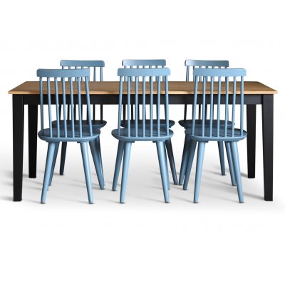 Dalsland matgrupp: Matbord i svart / ek med 6 st duvbl pinnstolar