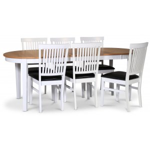 Fr matgrupp; matbord 160/210x90 cm - Vit / oljad ek med 6 st Fr stolar med sits i svart PU