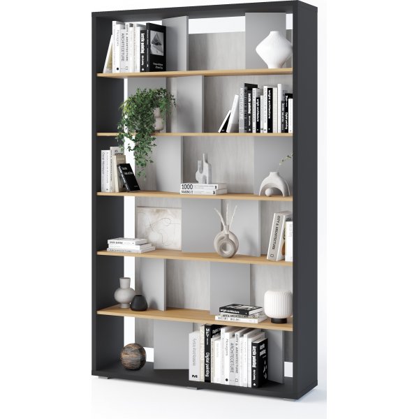 Bibliothèque rétroéclairée Dika - Graphite/chêne/gris mat Bibliothèque rétroéclairée Dika - Graphite/chêne/gris mat