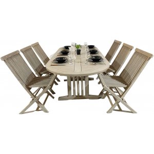Saltö utematgrupp ovalt 150-210 cm bord med 6 st matstolar - Grå teak + Möbelvårdskit för textilier Saltö utematgrupp ovalt 150-210 cm bord med 6 st matstolar - Grå teak + Möbelvårdskit för textilier
