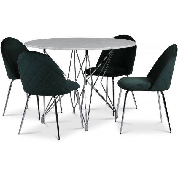 Zoo matgrupp 105 cm inkl. 4 st Plaza velvet stolar - Krom / Ljus Marmor