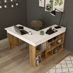 Tywin hörnskrivbord 129x120 cm - Furu/vit - Hörnskrivbord, Skrivbord, Kontorsmöbler