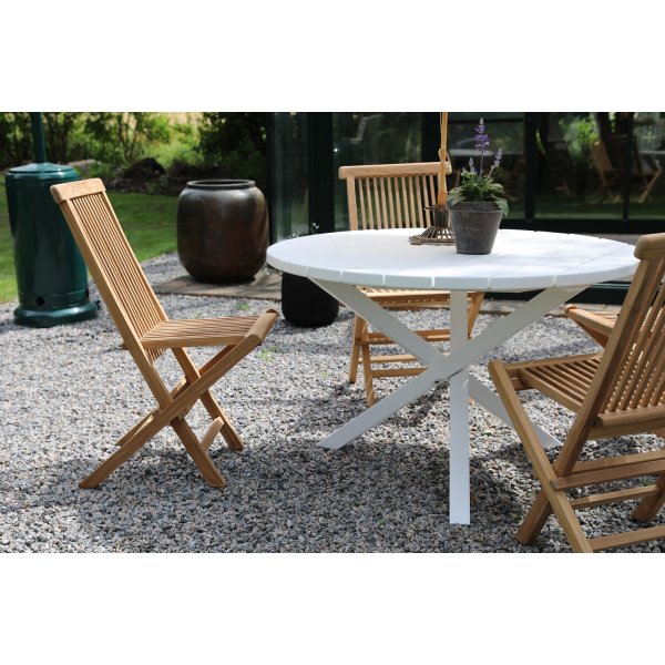 Scottsdale utematgrupp runt bord med 4 st Saltö teakstolar - Teak/Vit + Textilrengöring för möbler Scottsdale utematgrupp runt bord med 4 st Saltö teakstolar - Teak/Vit + Textilrengöring för möbler