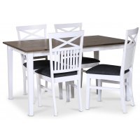 Skagen matgrupp; klassiskt matbord 140x90 cm - Vit / brunoljad ek med 4 st Skagen stolar (Kryss i ryggen) med grå tygsits Skagen matgrupp; klassiskt matbord 140x90 cm - Vit / brunoljad ek med 4 st Skagen stolar (Kryss i ryggen) med grå tygsits