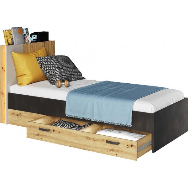 Qubic bedframe 90 x 200 cm - Ambachtelijk eiken/grijs/zwart Qubic bedframe 90 x 200 cm - Ambachtelijk eiken/grijs/zwart