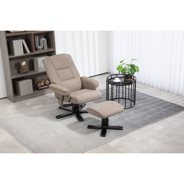 Oslo reclinerfåtölj med pall i mörkbeige tyg Oslo reclinerfåtölj med pall i mörkbeige tyg