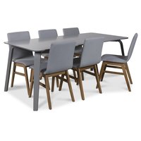 Visby matgrupp, 180 cm grått bord med 6 st Molly matstolar i ljusgrått tyg med ekben Visby matgrupp, 180 cm grått bord med 6 st Molly matstolar i ljusgrått tyg med ekben