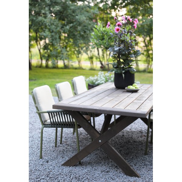 Oxford buiten dineren groep; tan tafel 220 cm incl. 6 Lincoln stapelbare frame stoelen groen/beige