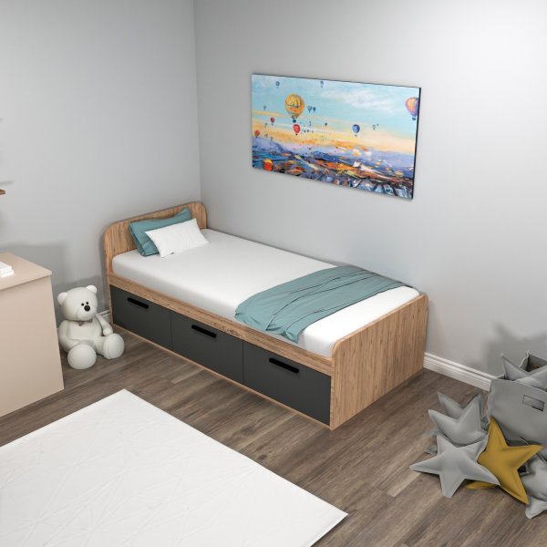 Akser enkelsng med inbyggd frvaring 190 x 90 cm - Furu/antracit