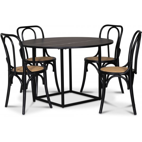 Sintorp matgrupp, runt matbord 115 cm inkl 4 st Samset bjtr stolar - Svart marmor (Laminat)