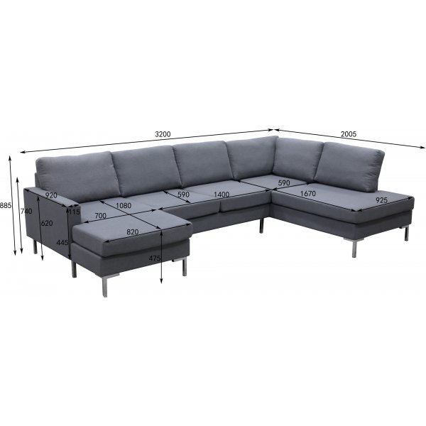 Nova grå U-soffa med metallben - 320 cm Nova grå U-soffa med metallben - 320 cm