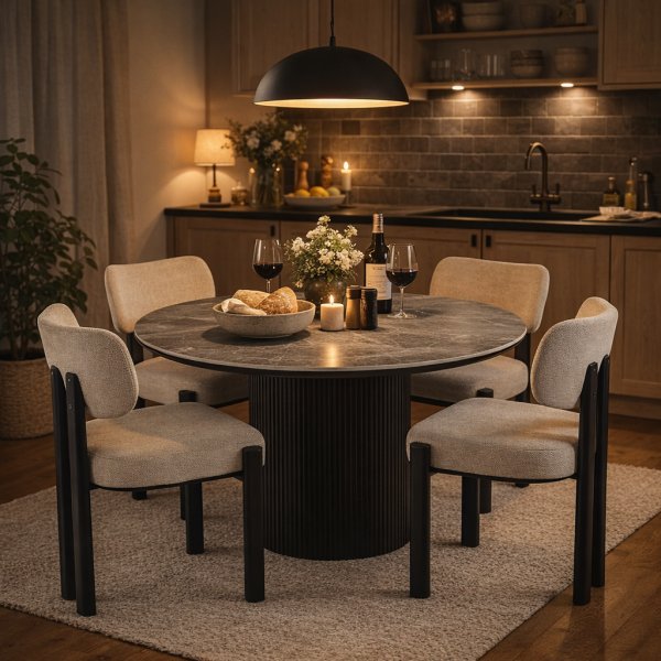 Matgrupp Salvador matbord �120cm i gr� sten med 4st Callum matstol i beige tyg