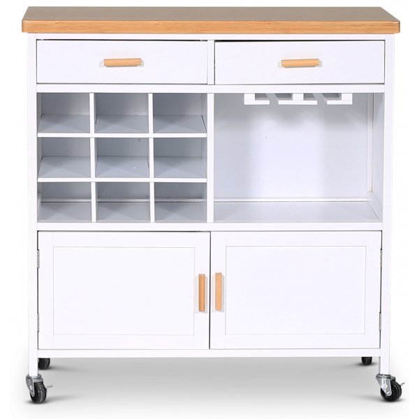 Levend wit keukeneiland met wijnrek en eiken blad + Meubelpoten Levend wit keukeneiland met wijnrek en eiken blad + Meubelpoten