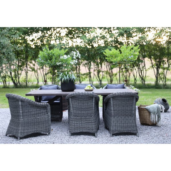 Oxford utematgrupp; brunsyrat bord 220 cm inkl 6 st Mercury ftljer gr konstrotting