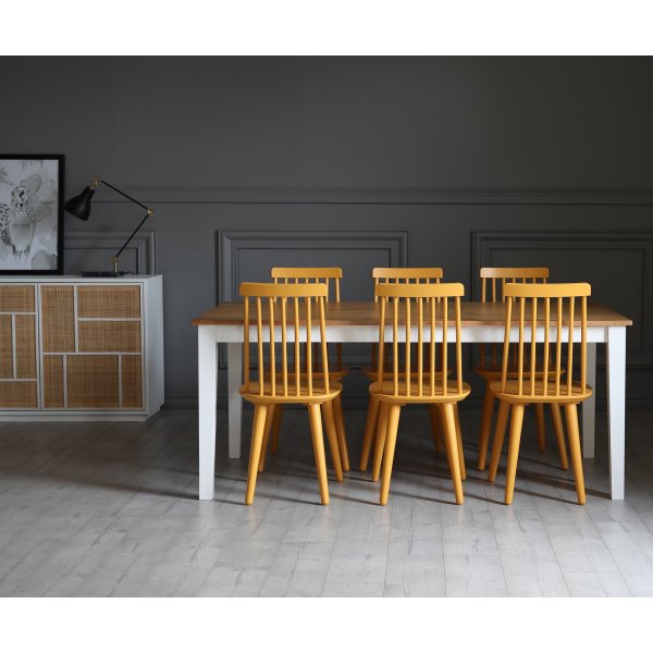 Dalsland matgrupp: Matbord i Ek / Vit med 6 st gula Pinnstolar + 4.00 x Mbeltassar