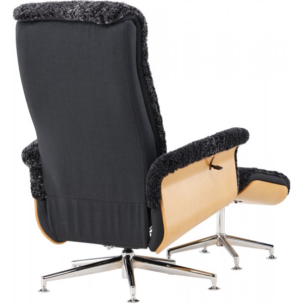 Ulla f�t�lj med fotpall i ek - M�rkgr� f�rskinn + Textilreng�ring f�r m�bler