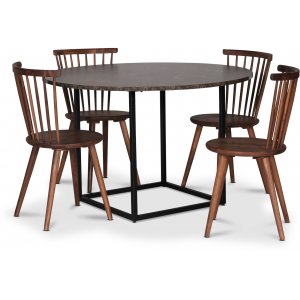 Groupe de salle  manger Sintorp, table  manger ronde 115 cm avec 4 chaises en rotin de noyer Castor - Marbre marron (Stratifi + Pieds de meubles